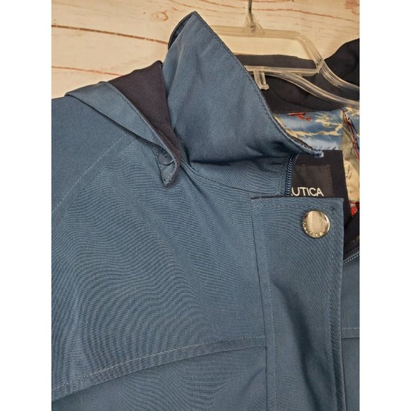 Nautica Blue Navy Removable Hood Rain Sailing Boat Graphic Lining Large Jacket - Picture 4 of 11
